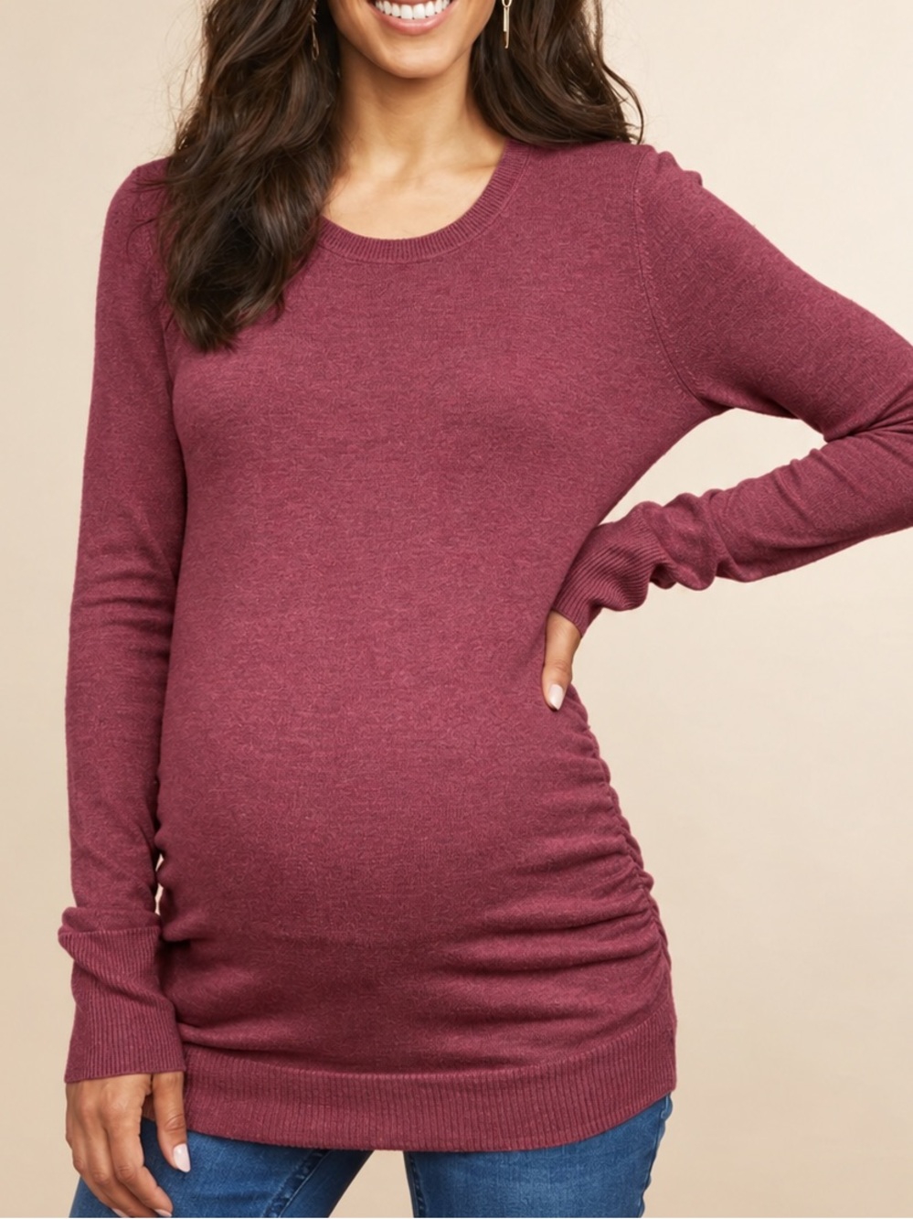 Motherhood Maternity Burgundy Side Ruched Long Sleeve Knit Sweater Fall Winter S